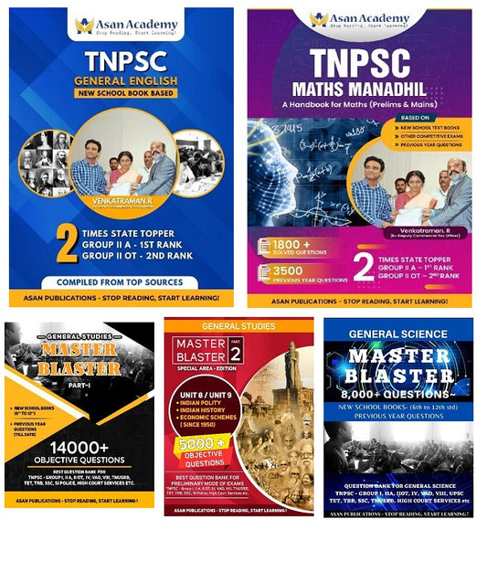 5 Combo books and Question Banks covering TNPSC English, maths, Science, history, polity, economics, science, Unit-8, Unit-9.  Consists of 30000+ questions